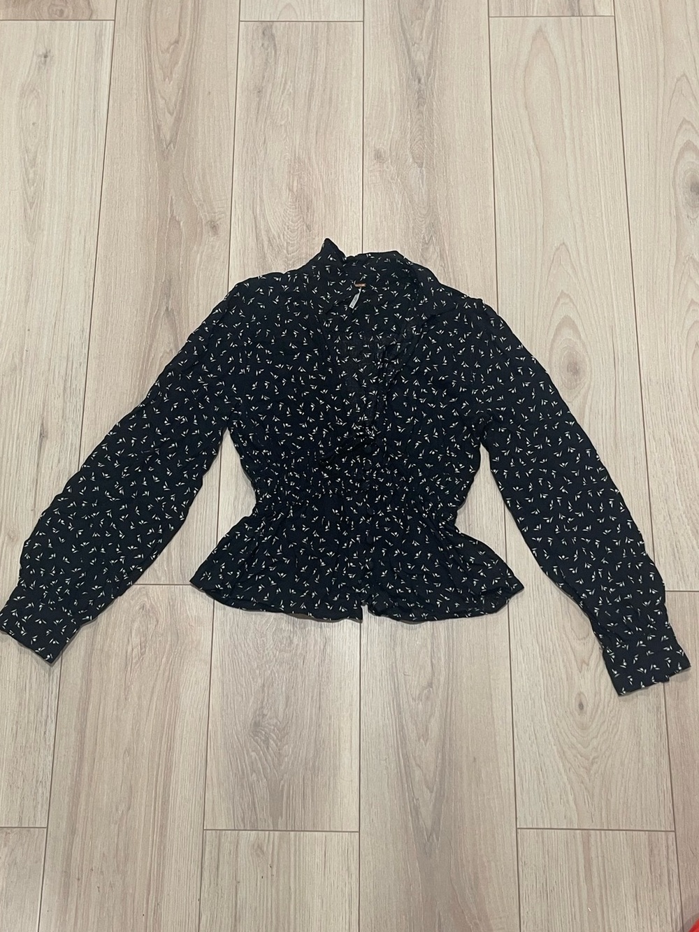 Free People Low Cut Black Top with White Floral Print
